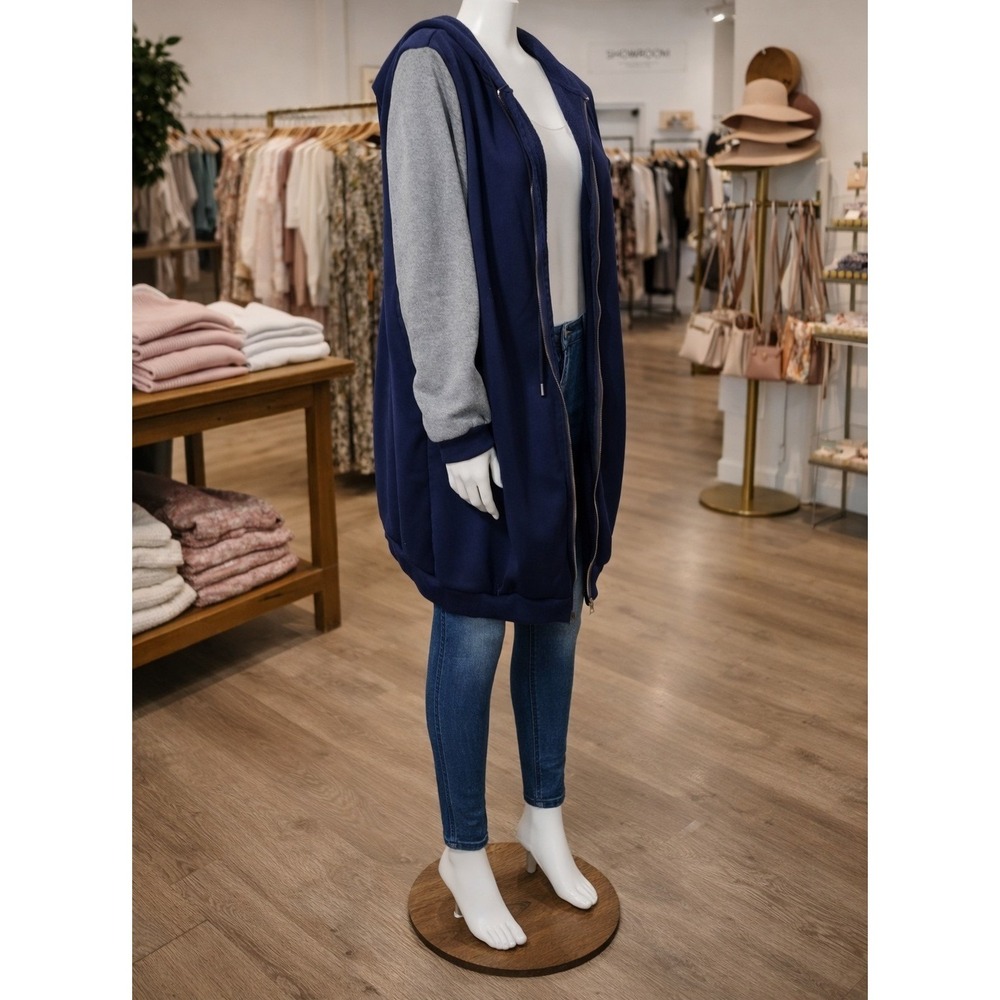 SHEIN Curve Womens 2XL Navy Blue‎ Grey Longline Full Zip Fleece Hoodie Jacket - Picture 4 of 8